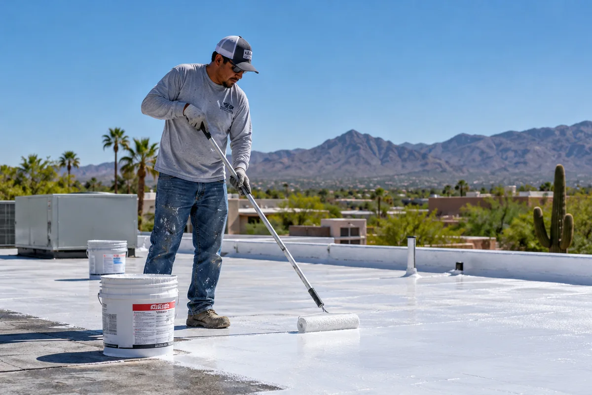 Protective roof coating being applied to a flat roof
