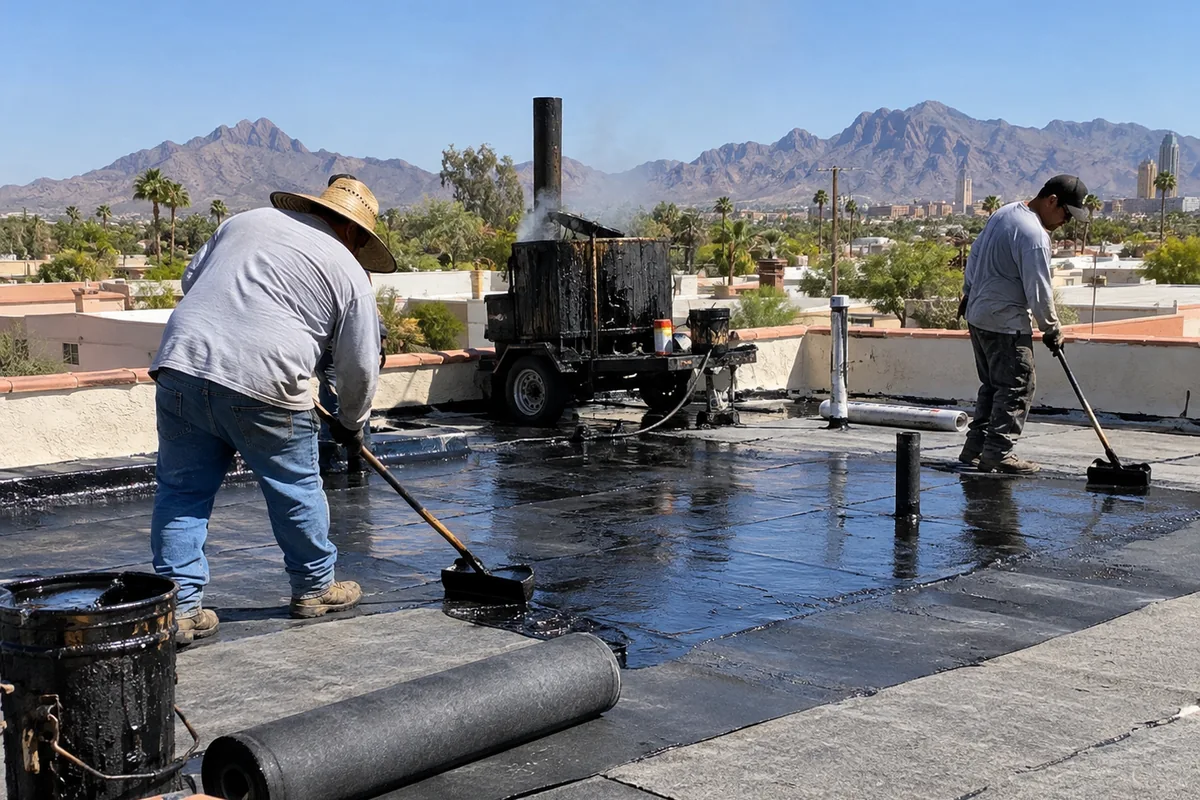 Hot mop asphalt roofing application on a flat roof