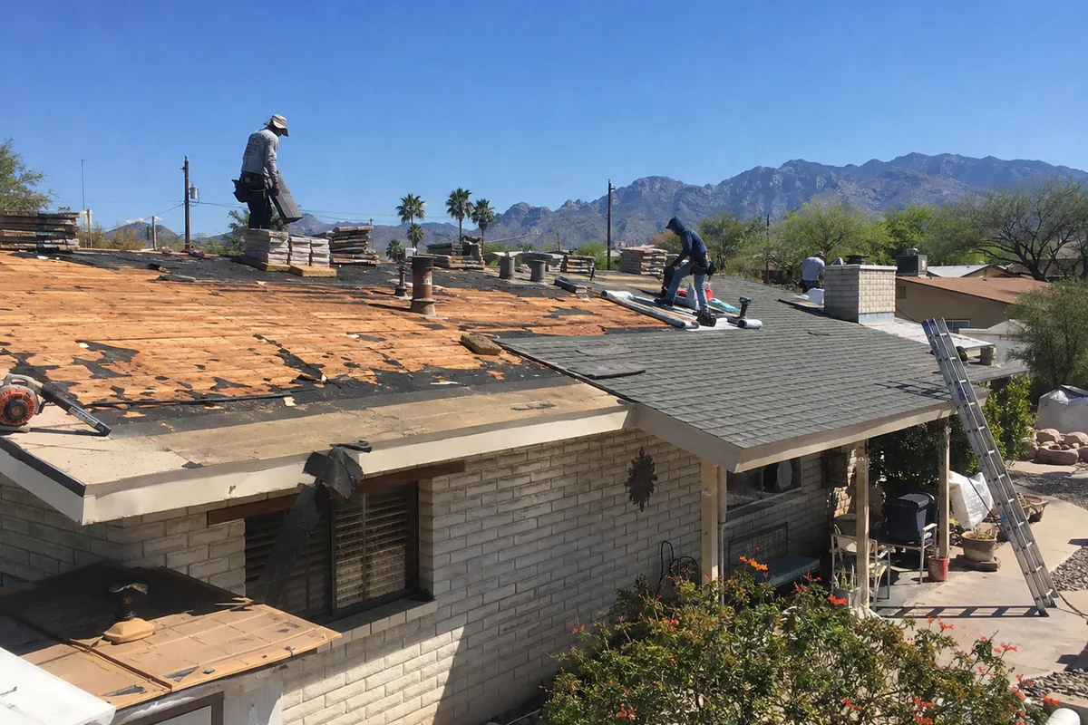 Residential reroofing project in progress