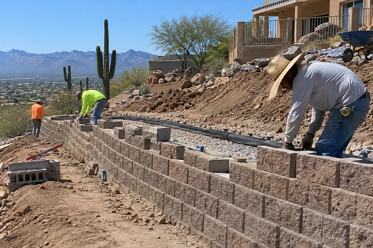Construction of a retaining wall on a sloped Arizona property