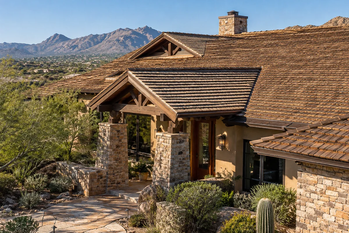 Natural wood shake roofing on a home