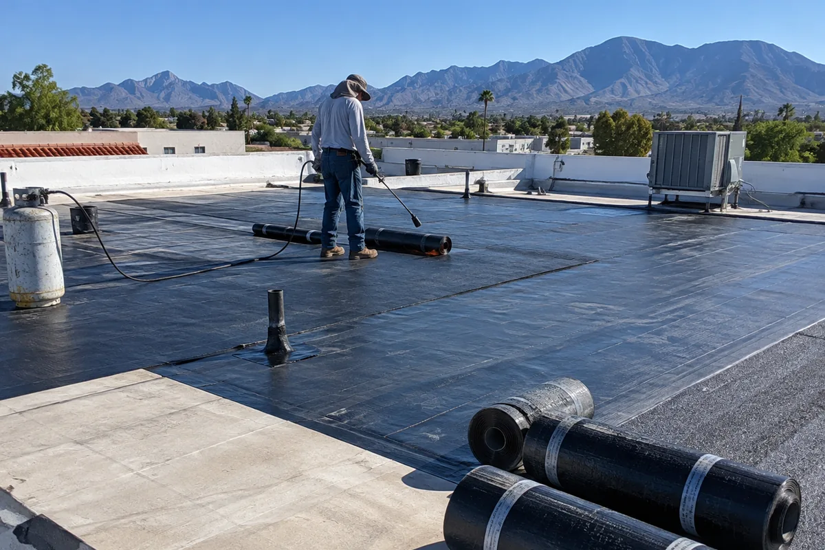 Torch down modified bitumen installation on a flat roof