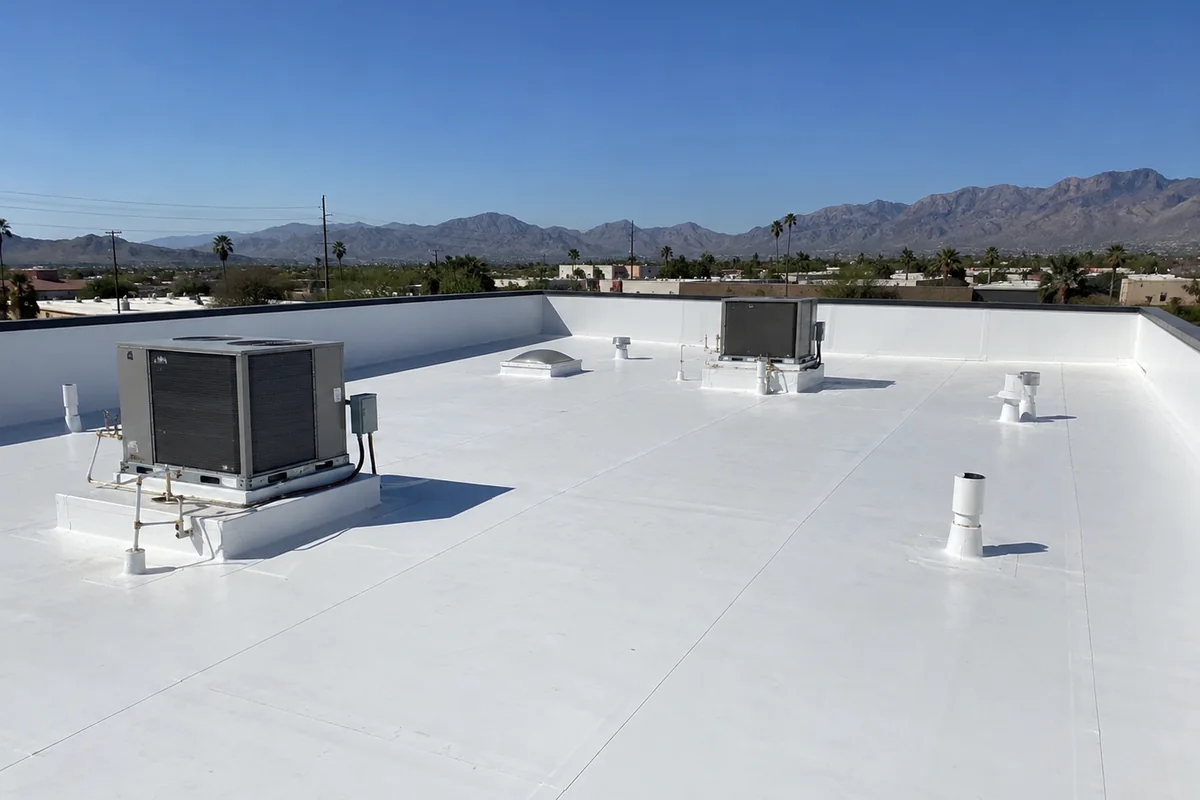 White TPO membrane roofing on a commercial roof